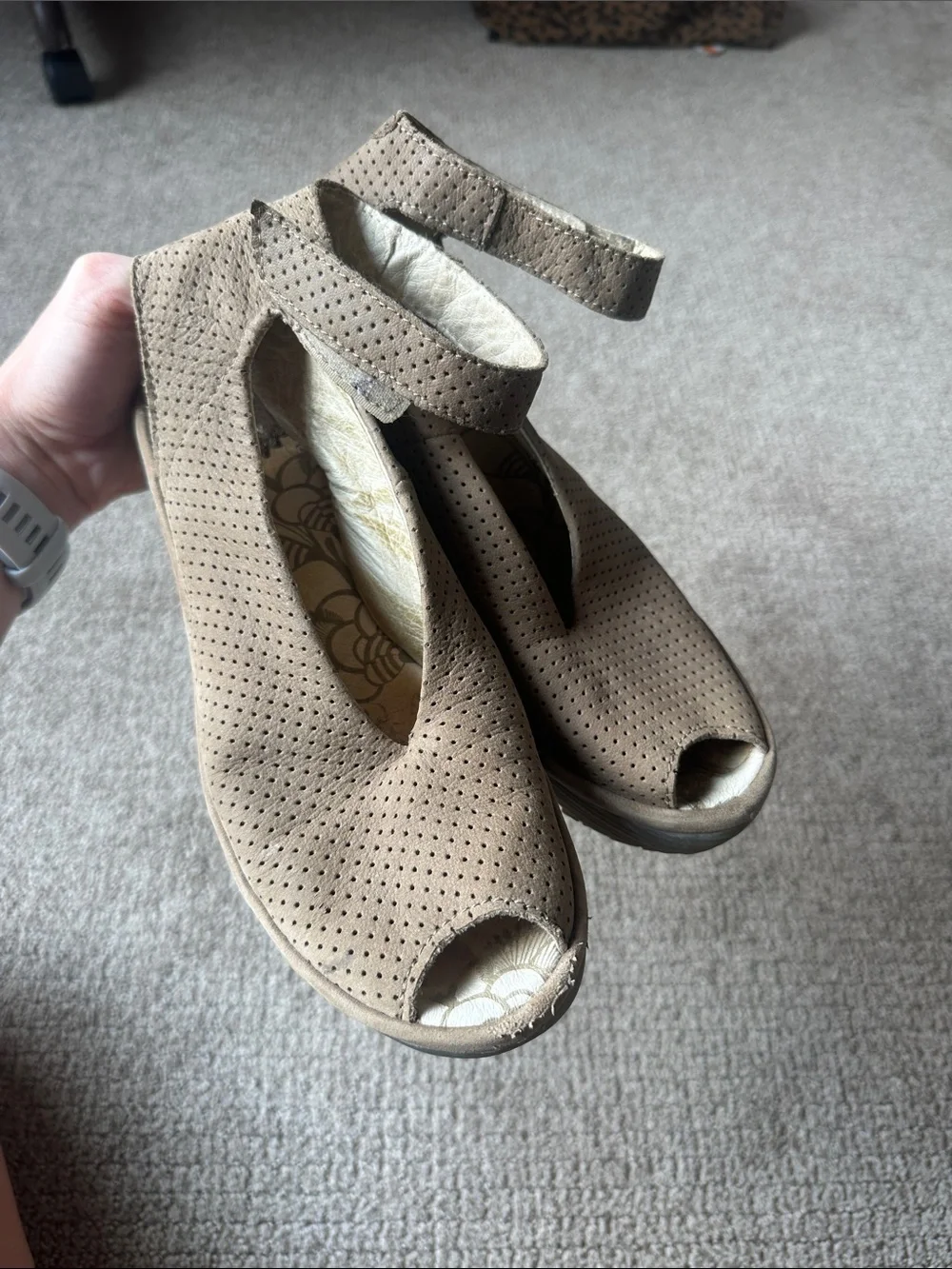 Fly London tan Yala Perforated Peep-Toe Wedge Sandals